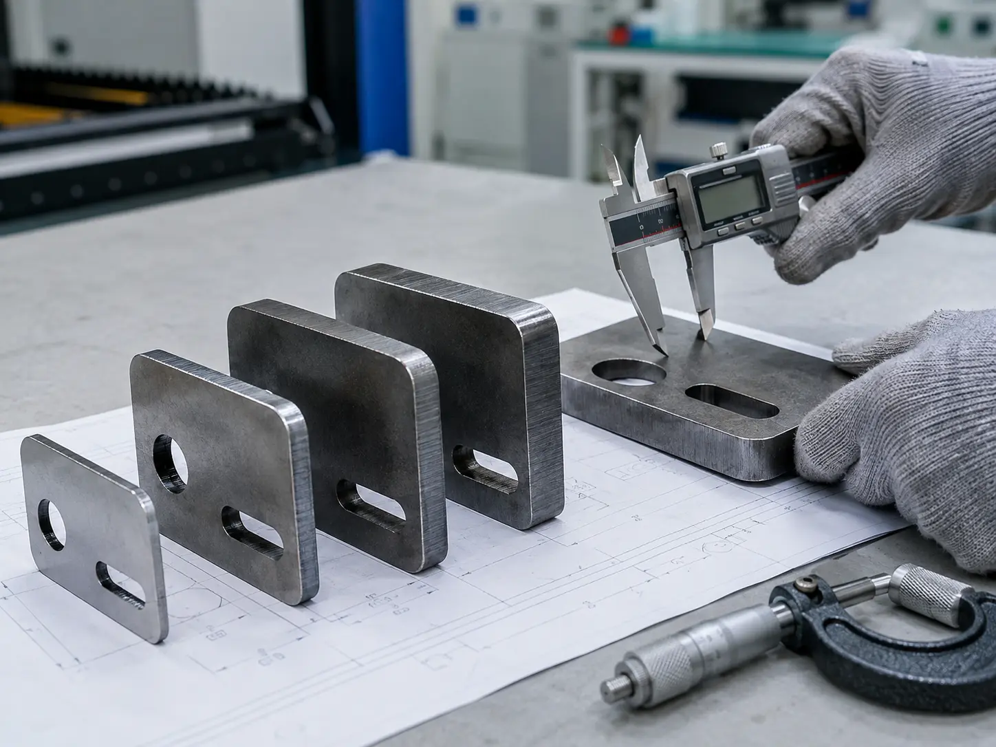 Digital caliper measuring hole size and edge distance on a fabricated sheet metal part for tolerance inspection