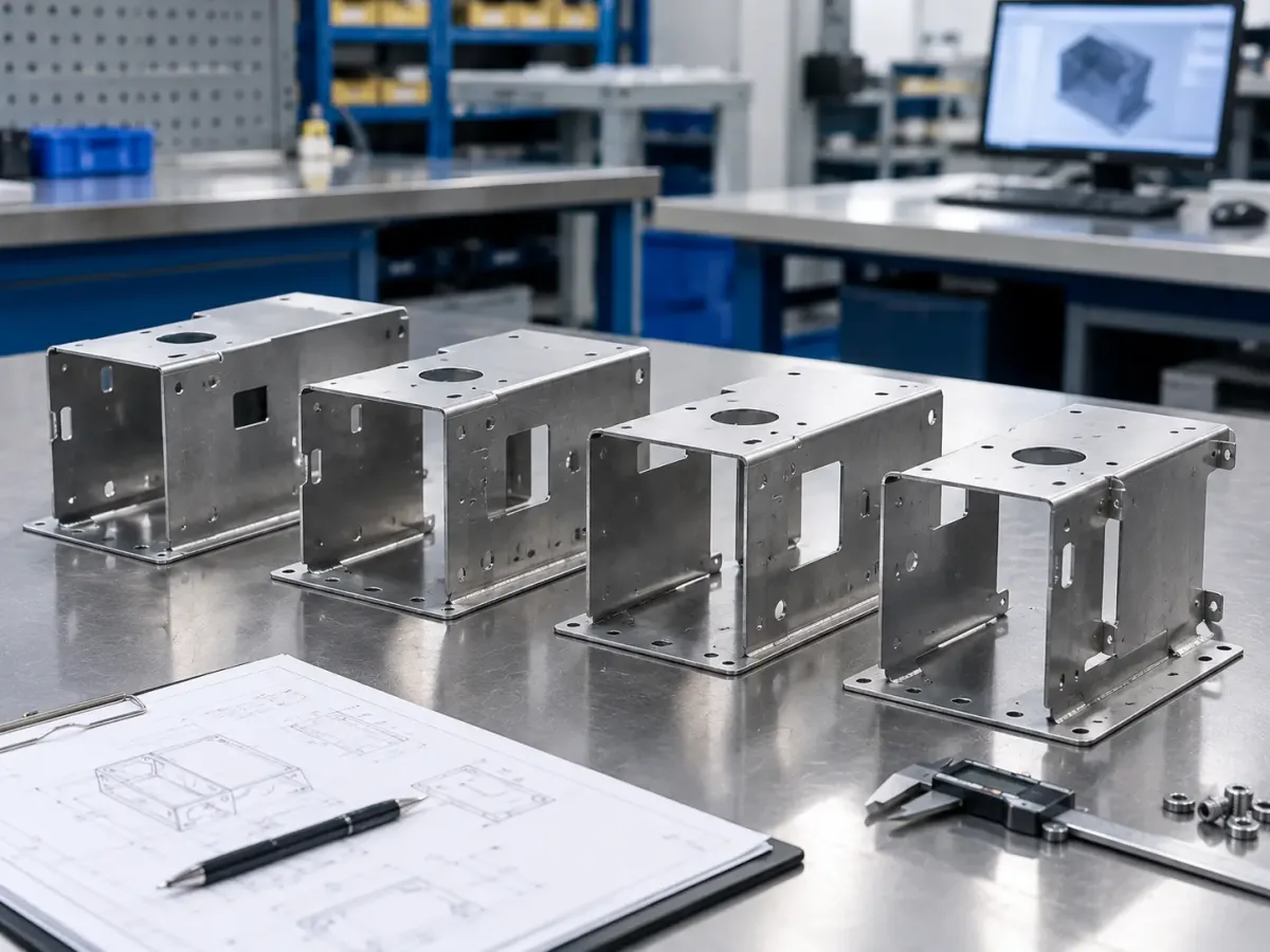 Several revision-stage sheet metal parts displayed side by side to show flexible design iteration