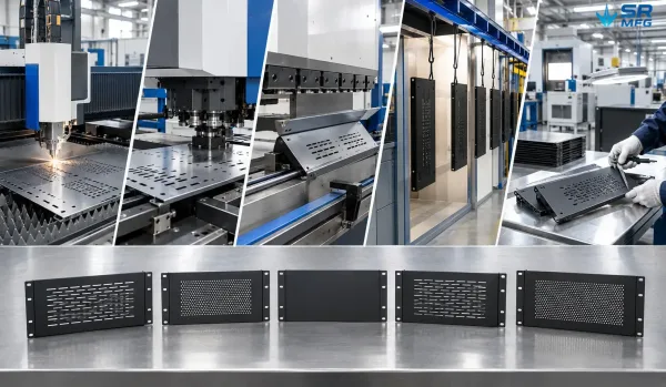 Manufacturing process for custom 4U rack blanking panels from cutting to powder coating and inspection