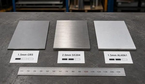 Comparison of three sheet metal materials — cold-rolled steel, stainless steel 304, and aluminum — with thickness labels and relative cost indicators on a workbench
