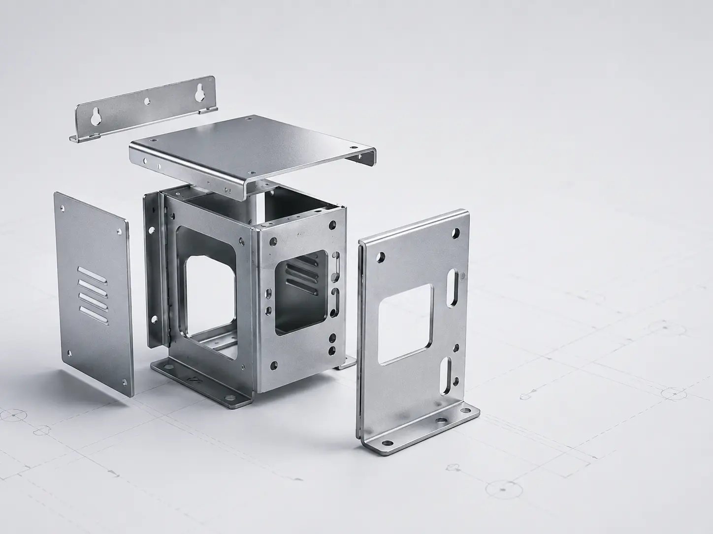 Exploded modular sheet metal enclosure showing simplified parts, standardized features, and manufacturing-friendly design
