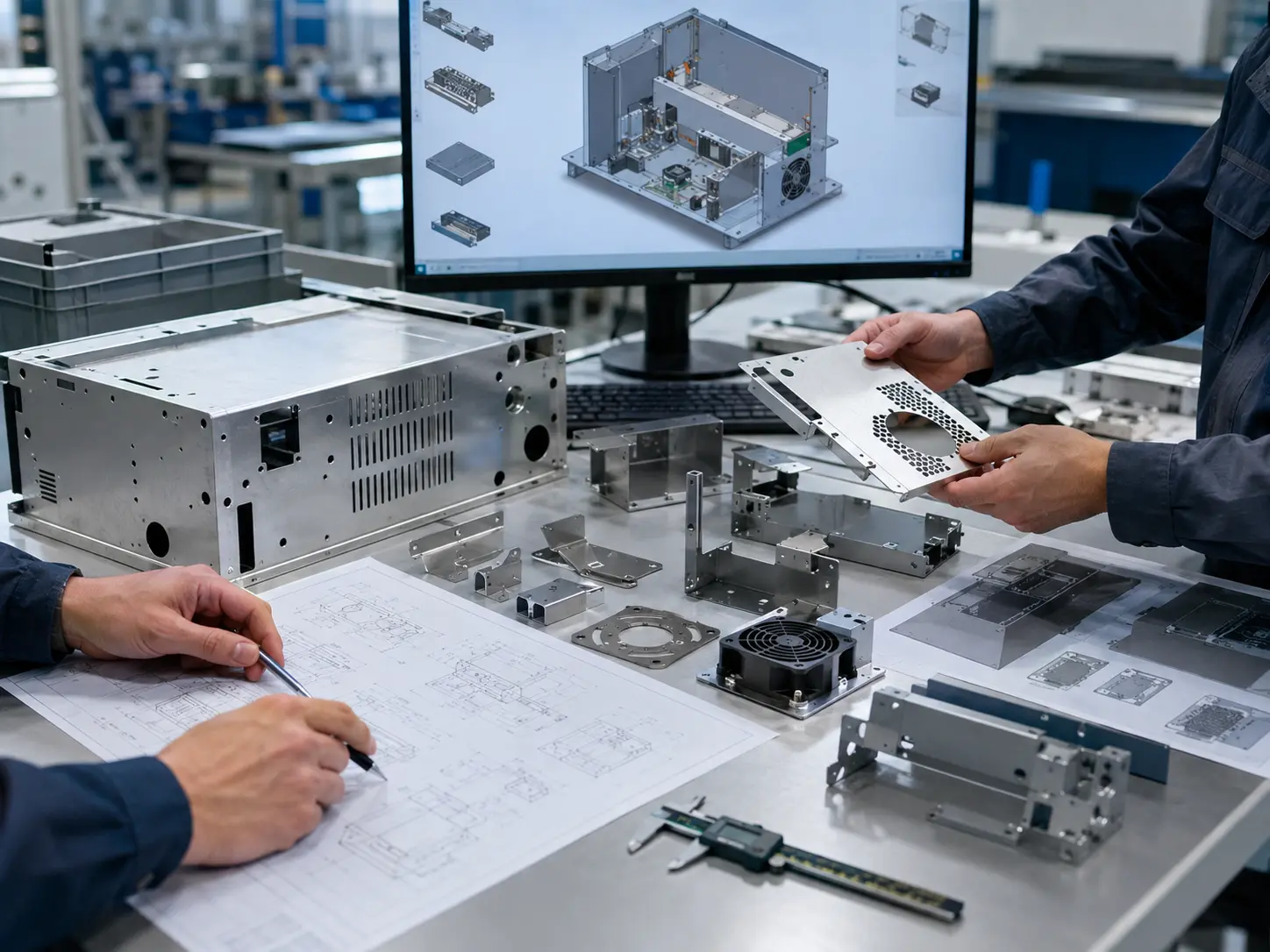 Engineers discussing OEM and ODM sheet metal product design and manufacturing