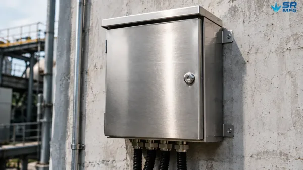 Outdoor stainless steel junction box enclosure installed on an exterior industrial wall