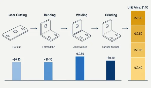 Step-by-step manufacturing process flow showing how each additional step — laser cutting, bending, welding, grinding — increases the unit price of a sheet metal bracket