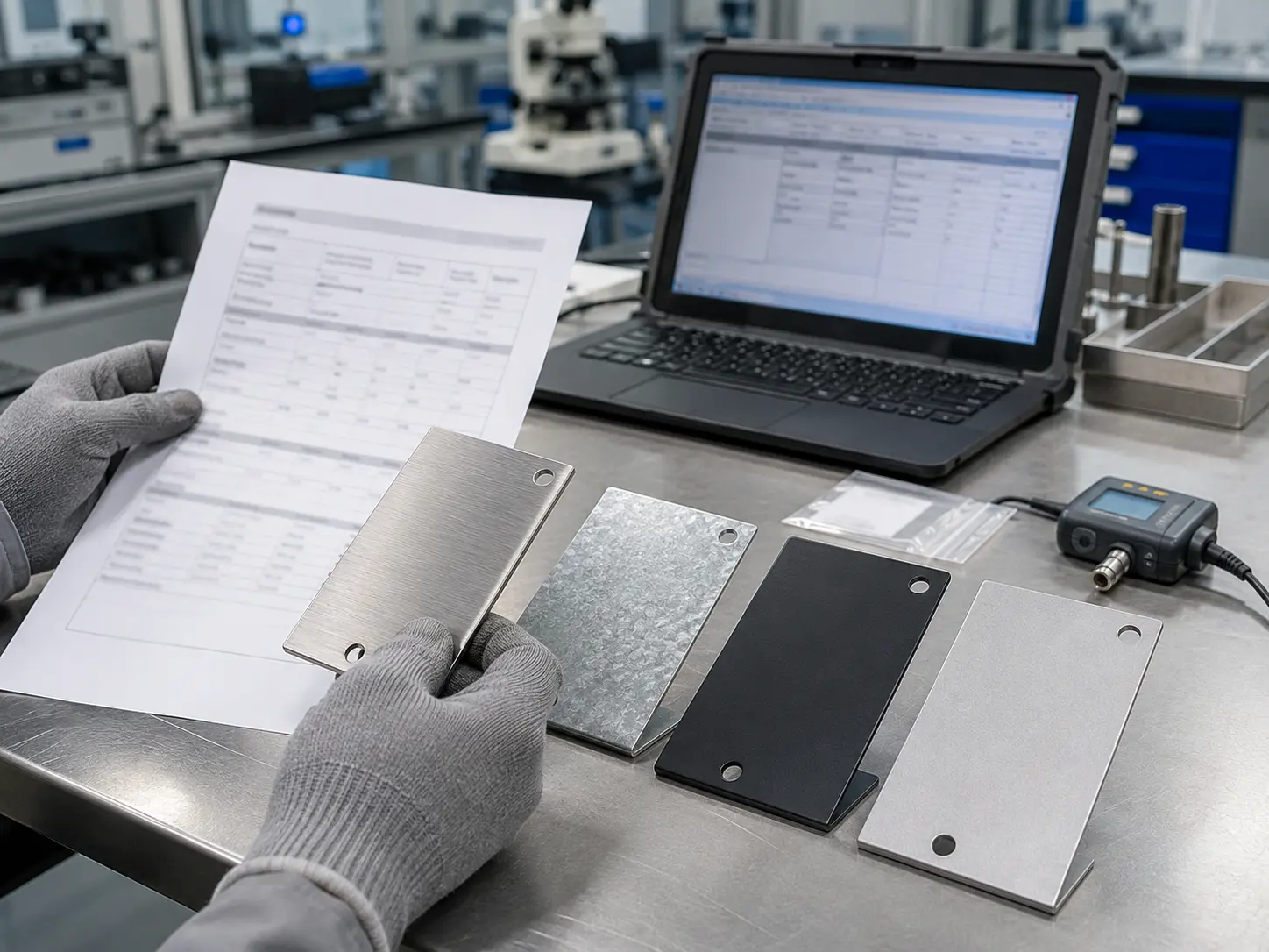 Engineer reviewing material composition declarations and traceable sheet metal samples for REACH compliance