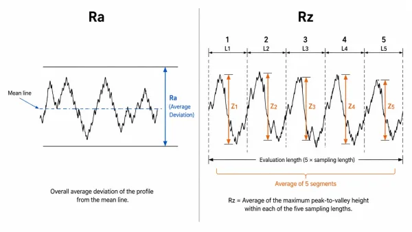 Side-by-side diagram comparing how Ra and Rz measure different aspects of the same surface roughness profile