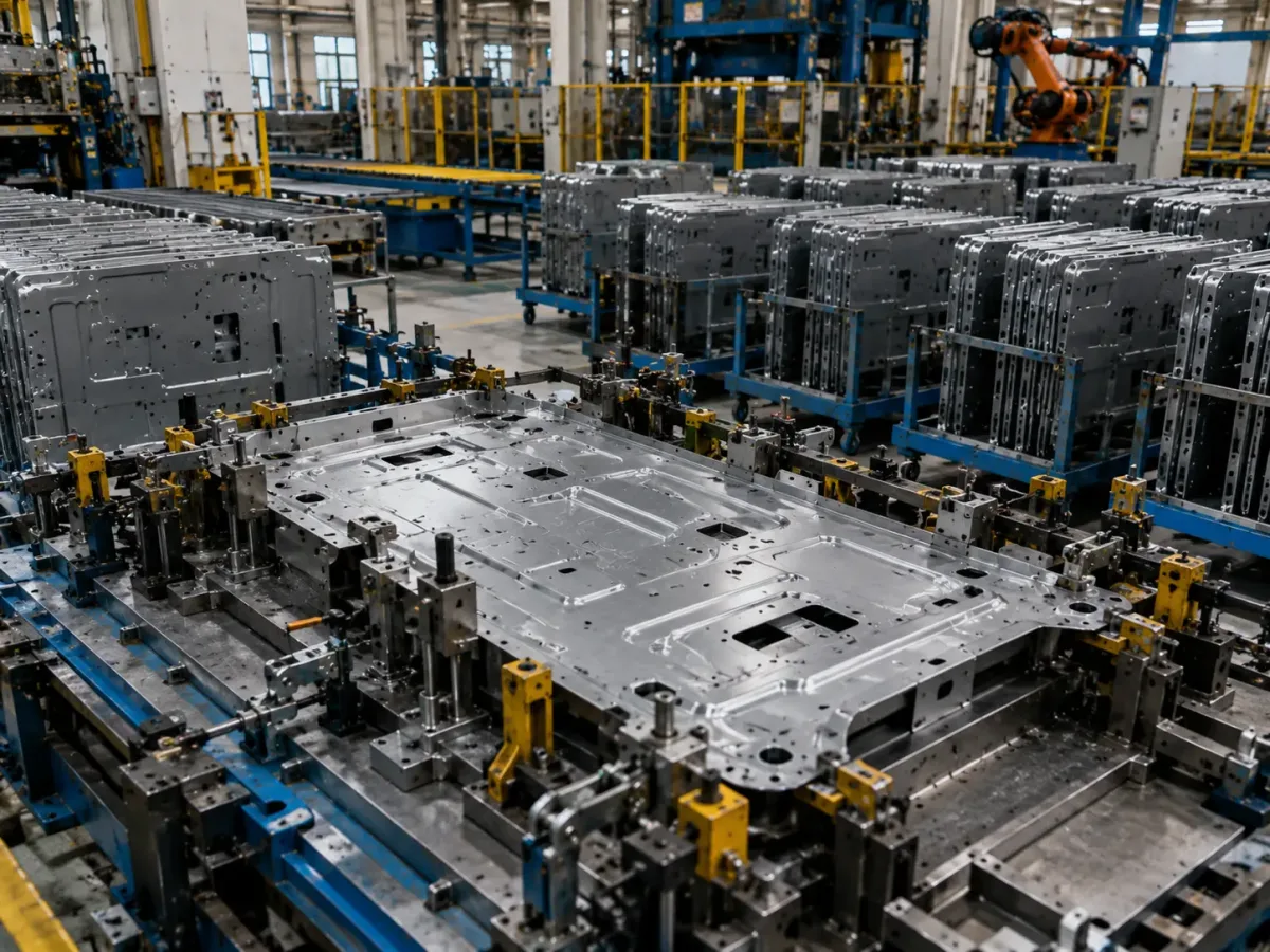 Sheet metal part positioned in dedicated tooling for repeatable high-volume production