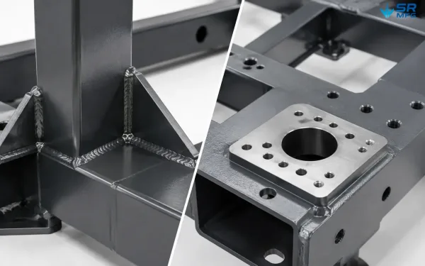 Welded structure and machined mounting interface details on an automation machine base frame