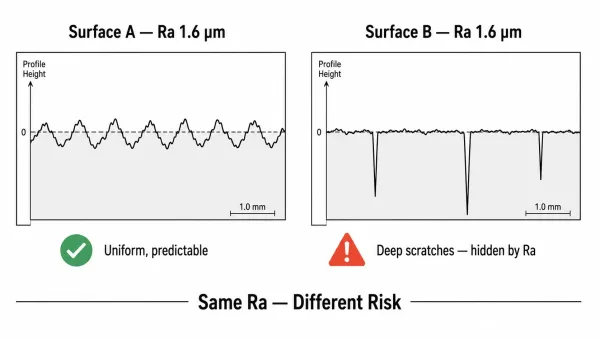 Comparison diagram showing two surfaces with identical Ra 1.6 µm but very different profile shapes — uniform waves versus deep scratches