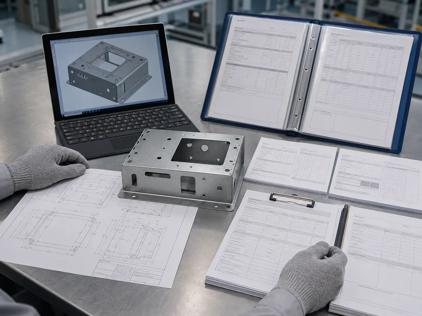 Finished sheet metal part with 2D drawings, 3D CAD model, material certificates, and inspection documents for final acceptance