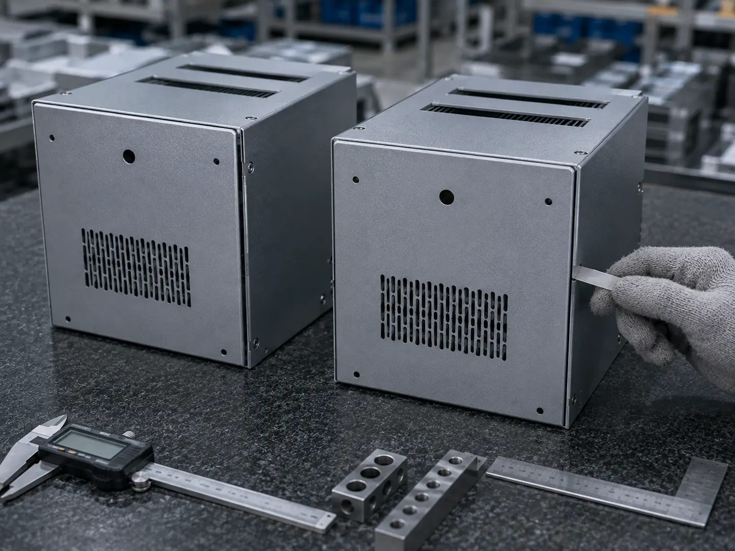Sheet metal enclosure comparison showing improved panel alignment and uniform assembly gaps after tolerance optimization