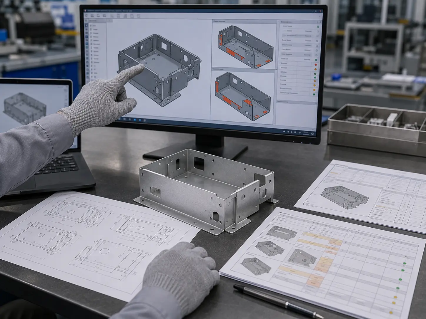 Engineer reviewing a sheet metal CAD model, DFM report, and fabricated part to identify manufacturability risks before production