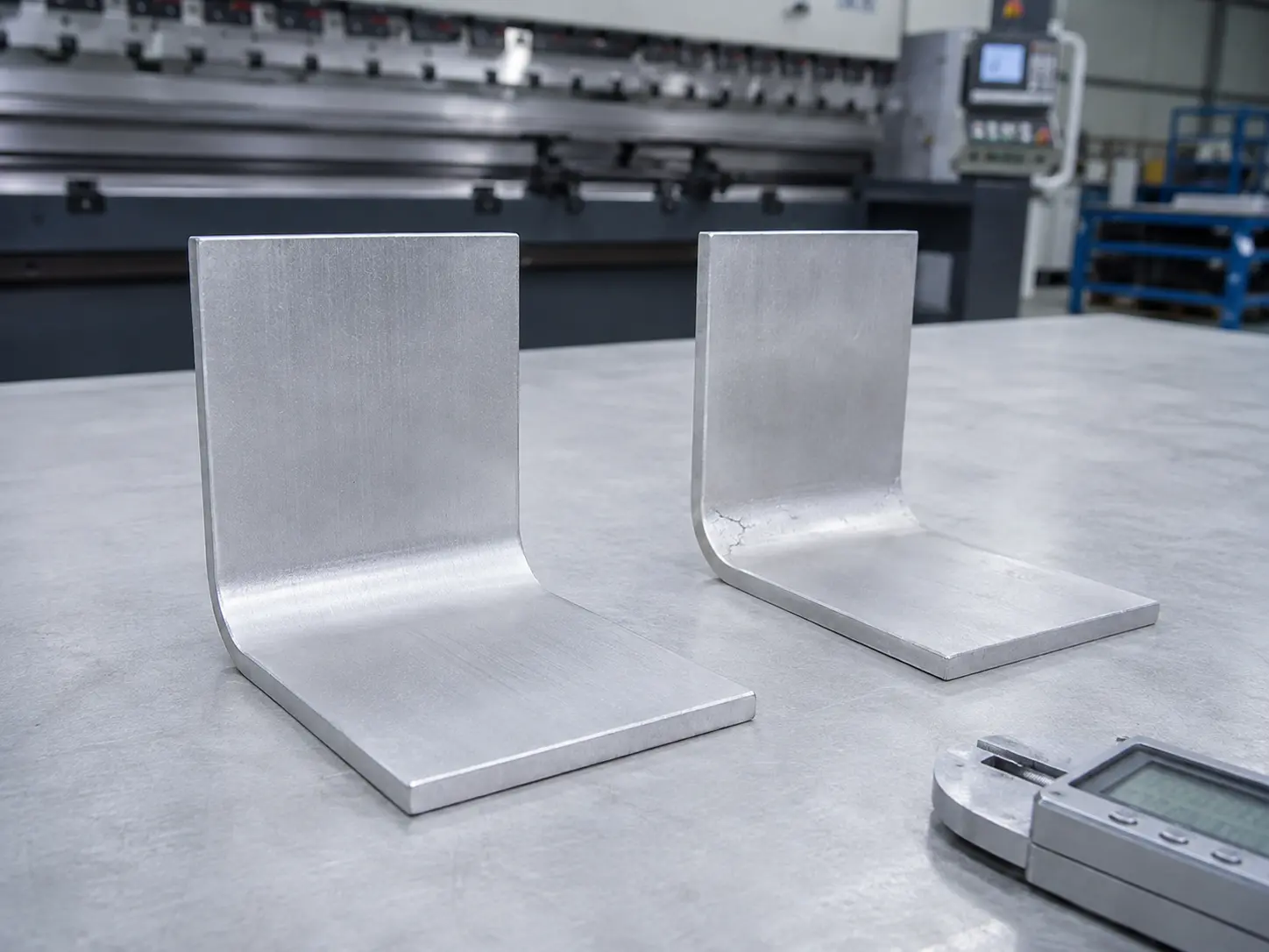 5052 and 6061-T6 aluminum bending samples comparing bend radius and cracking risk during sheet metal forming