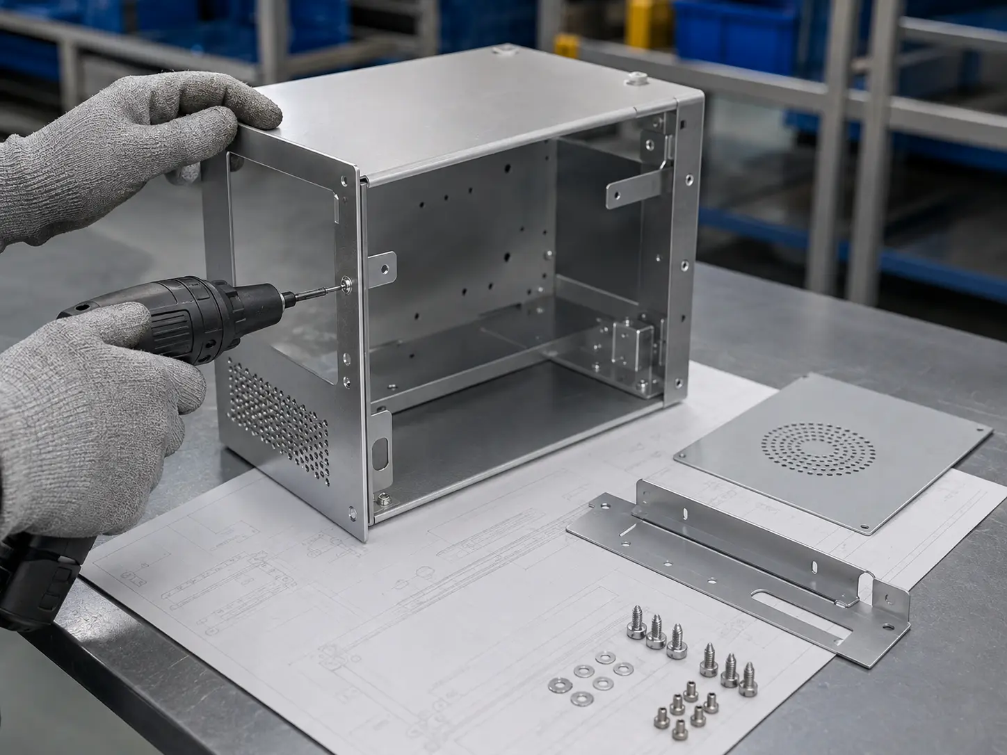 Worker assembling a simplified sheet metal enclosure with standardized fasteners to reduce part count and assembly cost