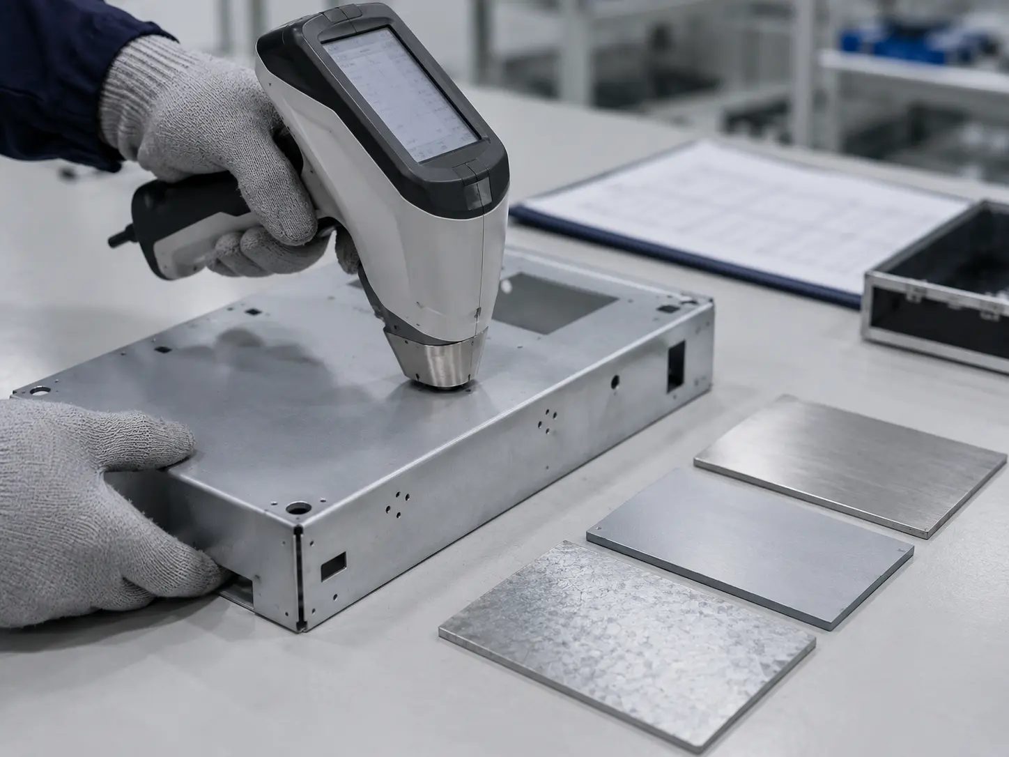 Quality inspector using an XRF analyzer to screen a sheet metal part for environmental compliance