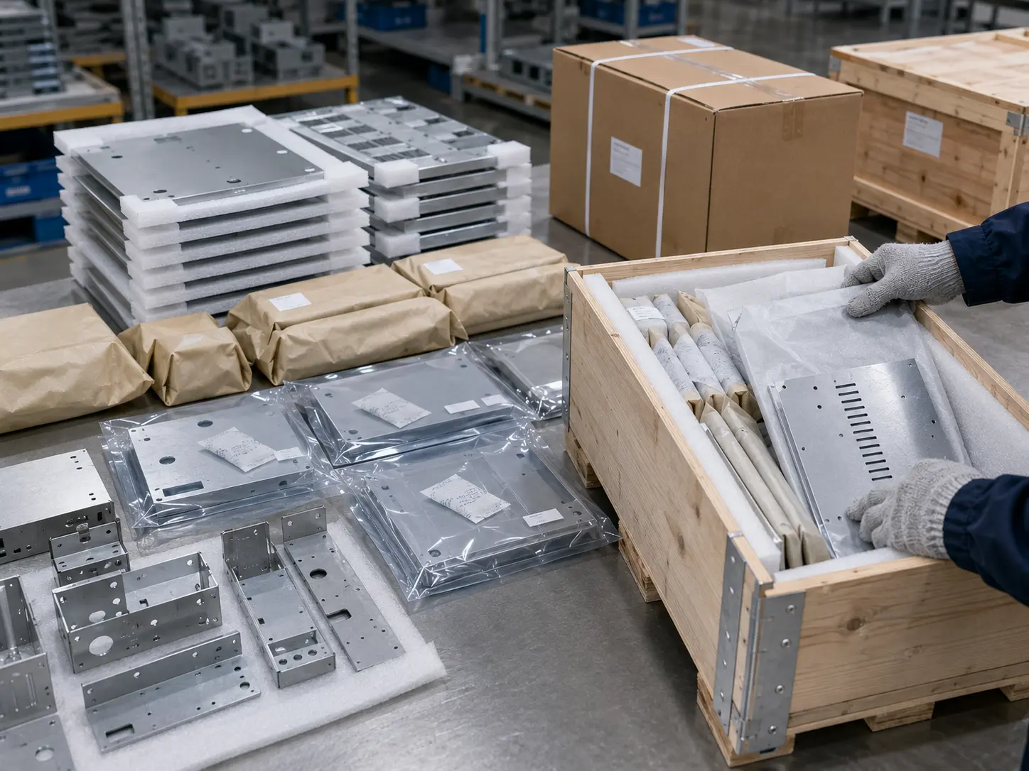 Sheet metal parts packed with VCI paper, moisture-barrier bags, and protective separators for export shipping