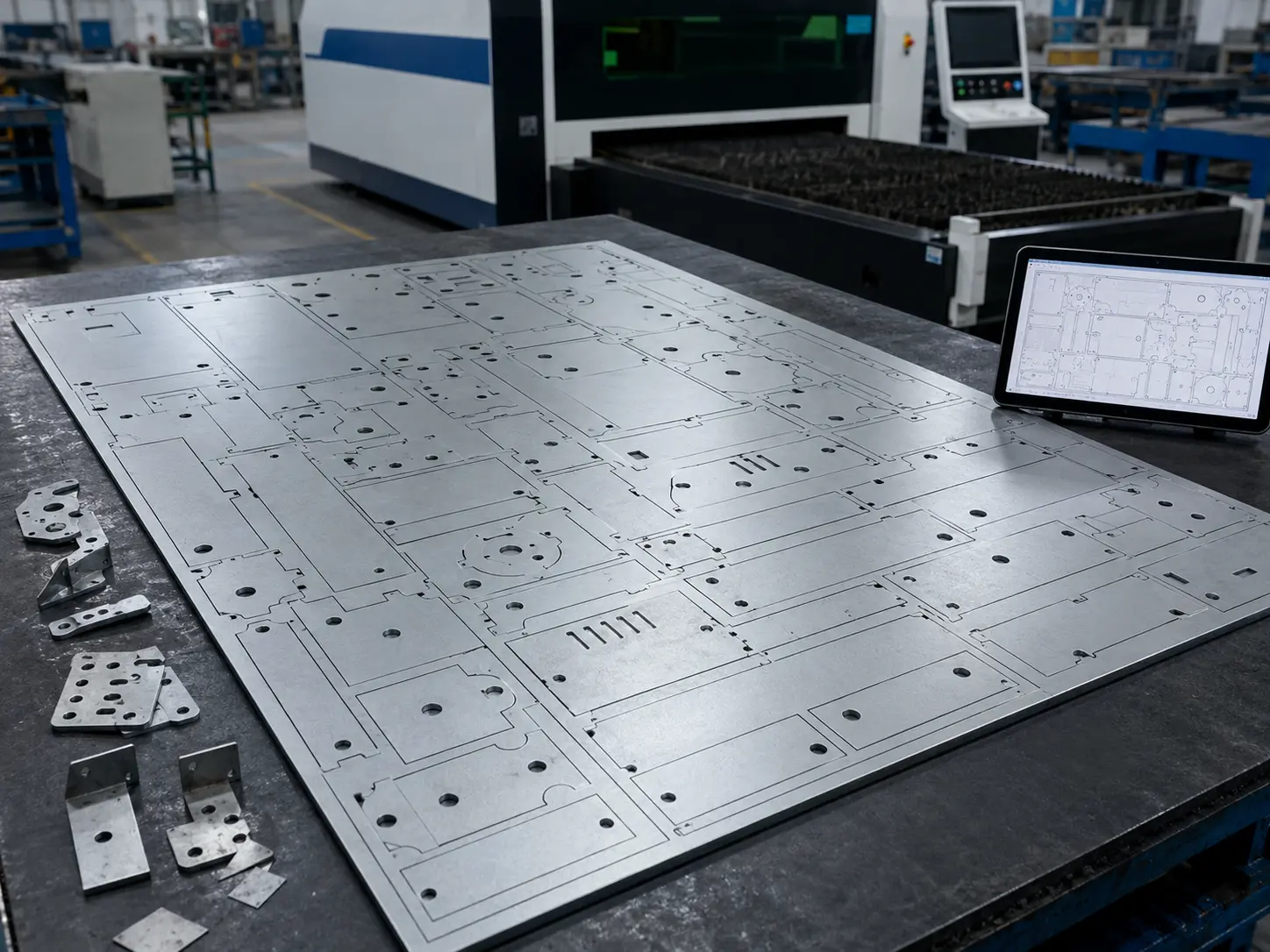 Optimized sheet metal nesting layout showing tightly arranged laser-cut parts to reduce material waste