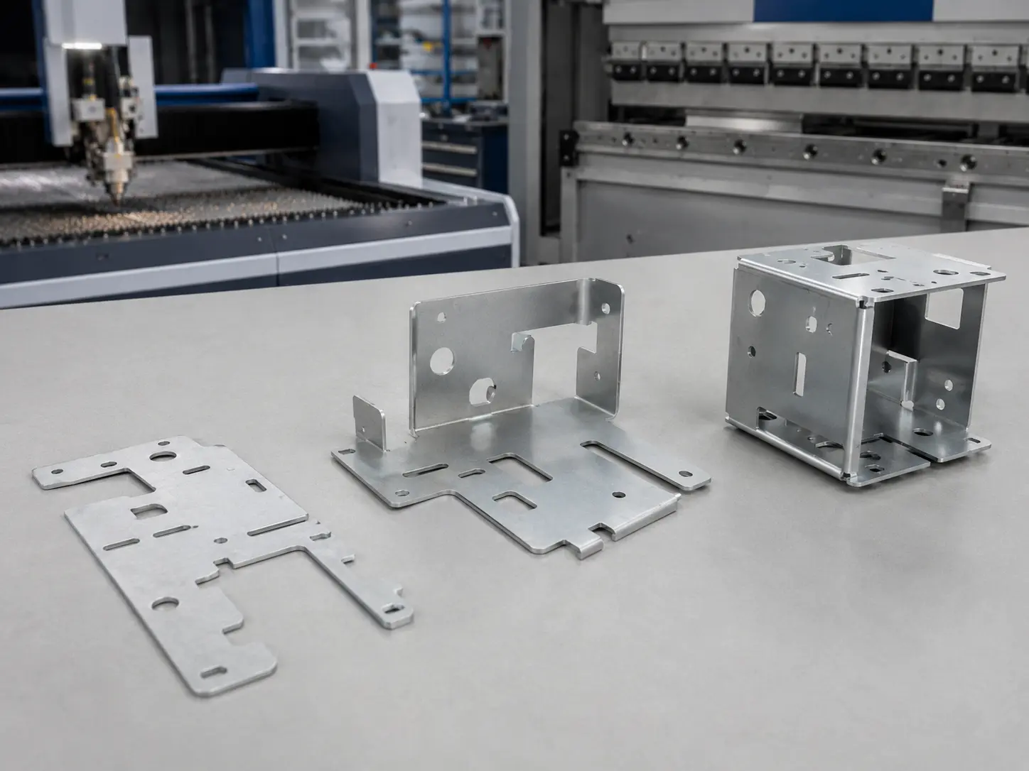 Sheet metal component shown as a laser-cut blank, bent intermediate part, and finished fabricated part to illustrate manufacturing process constraints