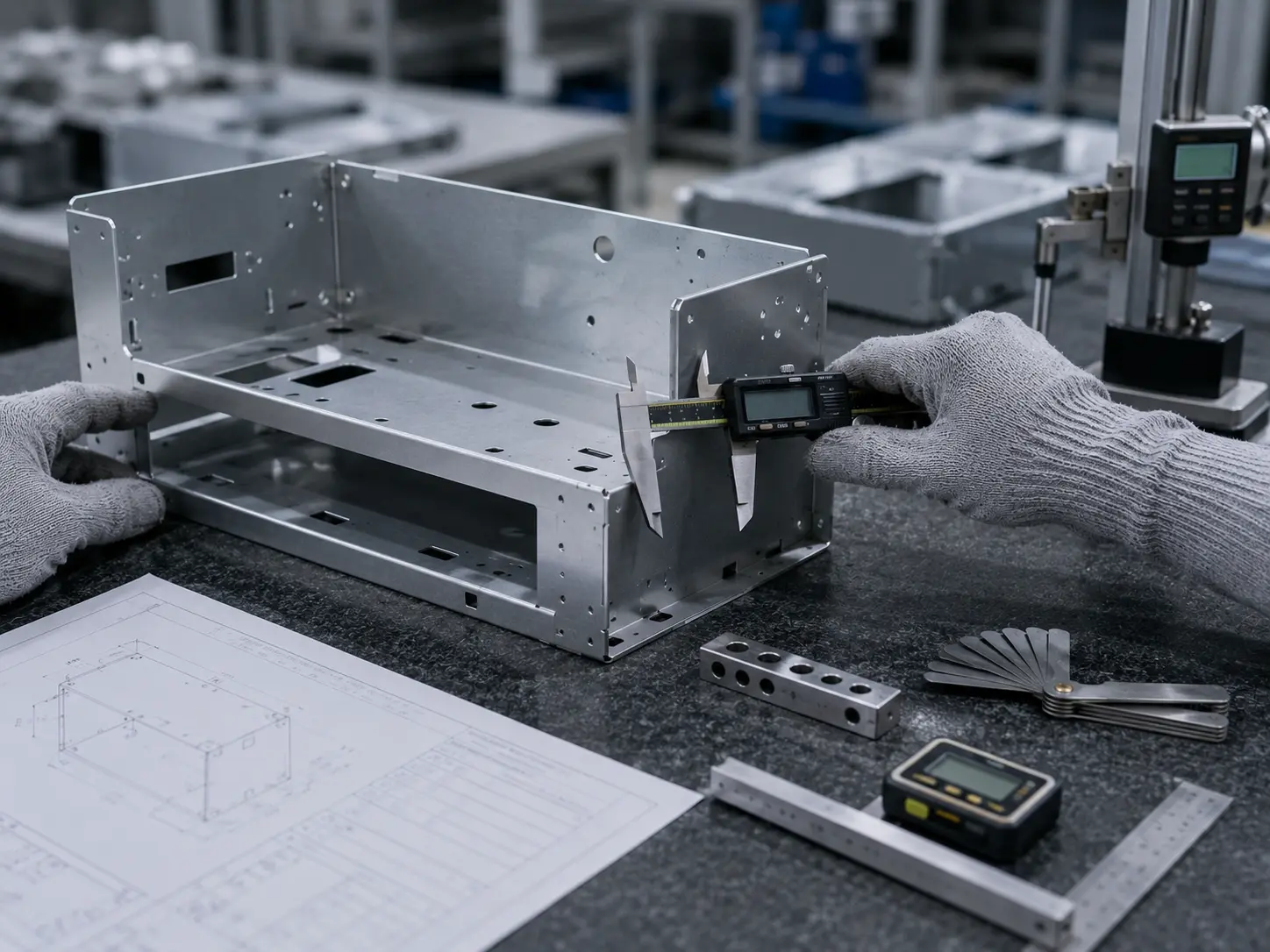Quality inspector measuring a finished sheet metal part with digital inspection tools during final acceptance