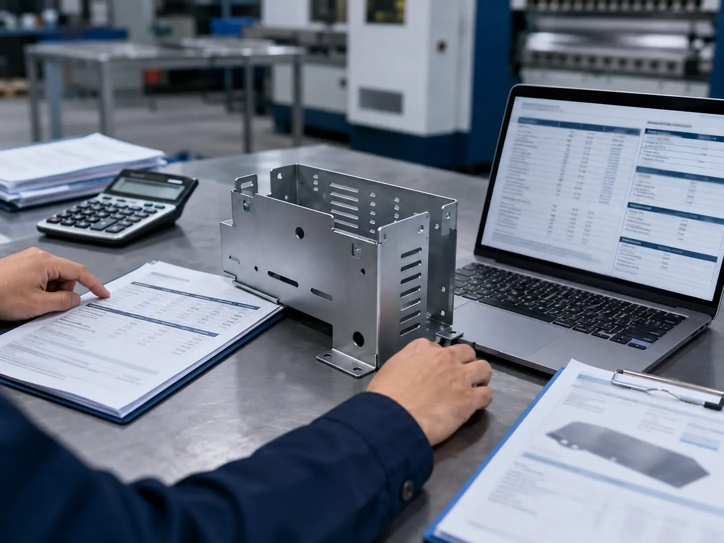 Project quotation and cost breakdown being reviewed with a custom sheet metal part before order confirmation