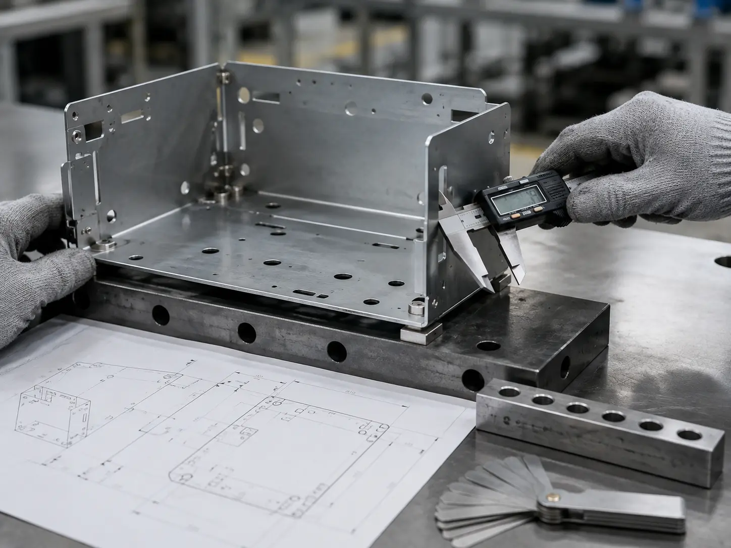 Sheet metal assembly being inspected for tolerance stack-up, datum alignment, and final assembly gap