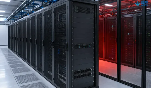 Solid 4U rack blanking panels installed in a hot-aisle cold-aisle data center