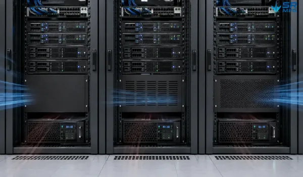 Comparison of solid ventilated and perforated 4U rack blanking panels installed in server racks
