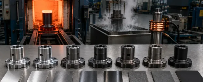 Steel heat treatment processes showing annealing, quenching, tempering, carburizing, induction hardening, and black oxide treatment