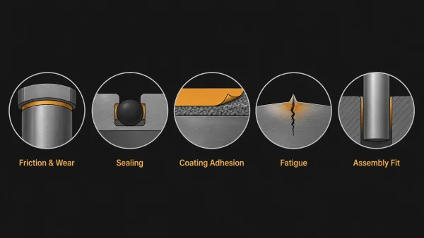 Infographic showing five engineering applications affected by surface roughness including bearing, seal, coating, fatigue, and press fit