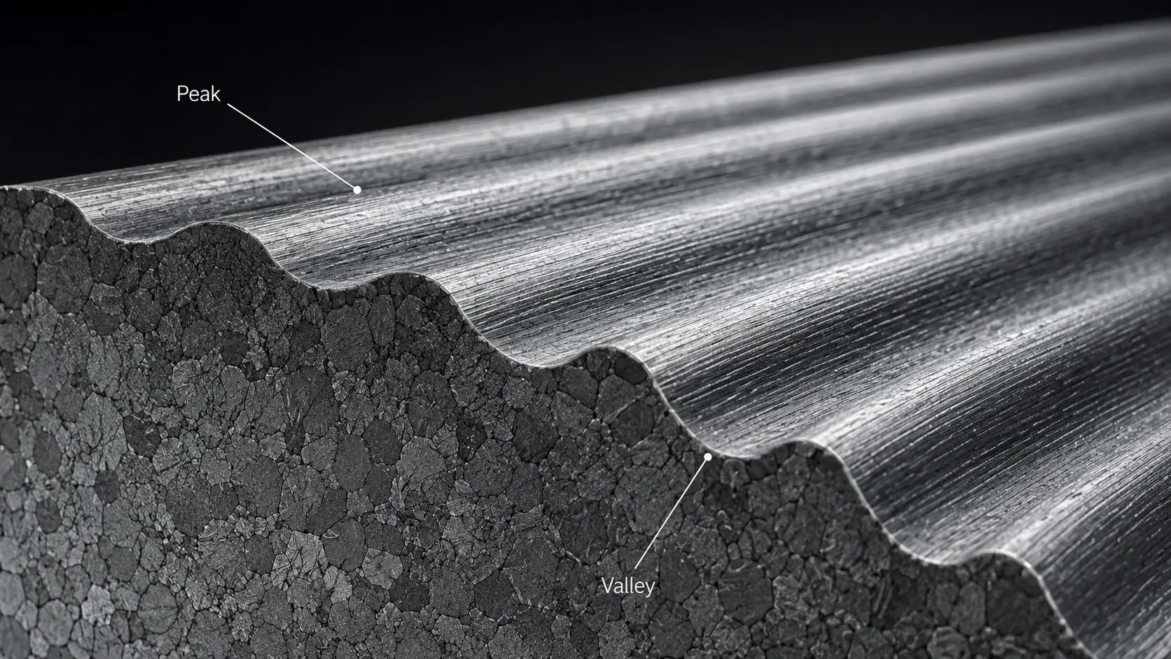 Microscopic cross-section view of a machined metal surface showing peaks and valleys of surface roughness texture