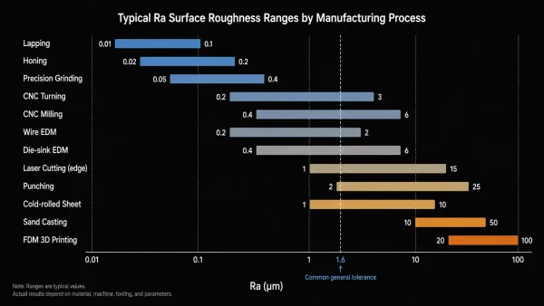 Bar chart showing typical Ra roughness ranges for common manufacturing processes from lapping to FDM 3D printing
