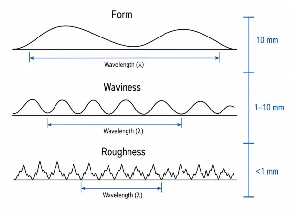 Engineering diagram showing the three components of surface texture — roughness, waviness, and form — with wavelength scale