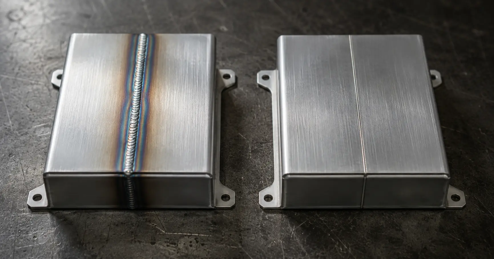 Side-by-side comparison of TIG welding arc and laser welding beam on aluminum enclosure panels