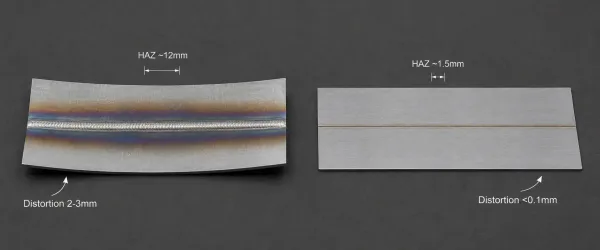 Top-view comparison showing heat-affected zone width difference between TIG and laser welding on aluminum sheet