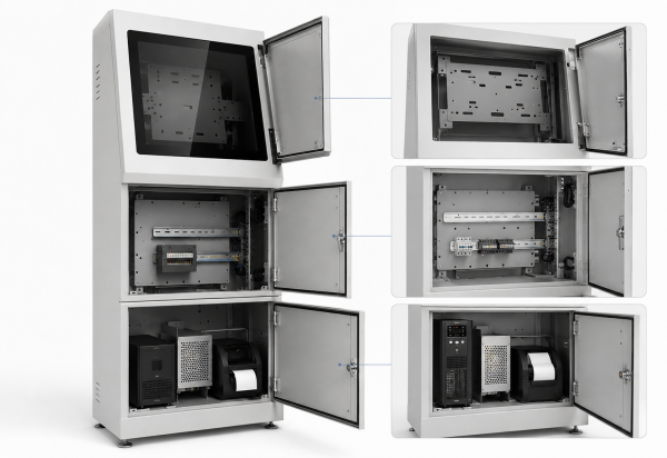 Outdoor kiosk cabinet showing display, equipment and service compartments