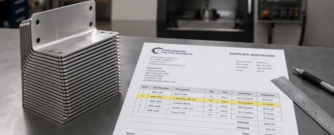 Close-up of sheet metal brackets on a factory workbench with a printed supplier quote showing per-unit pricing