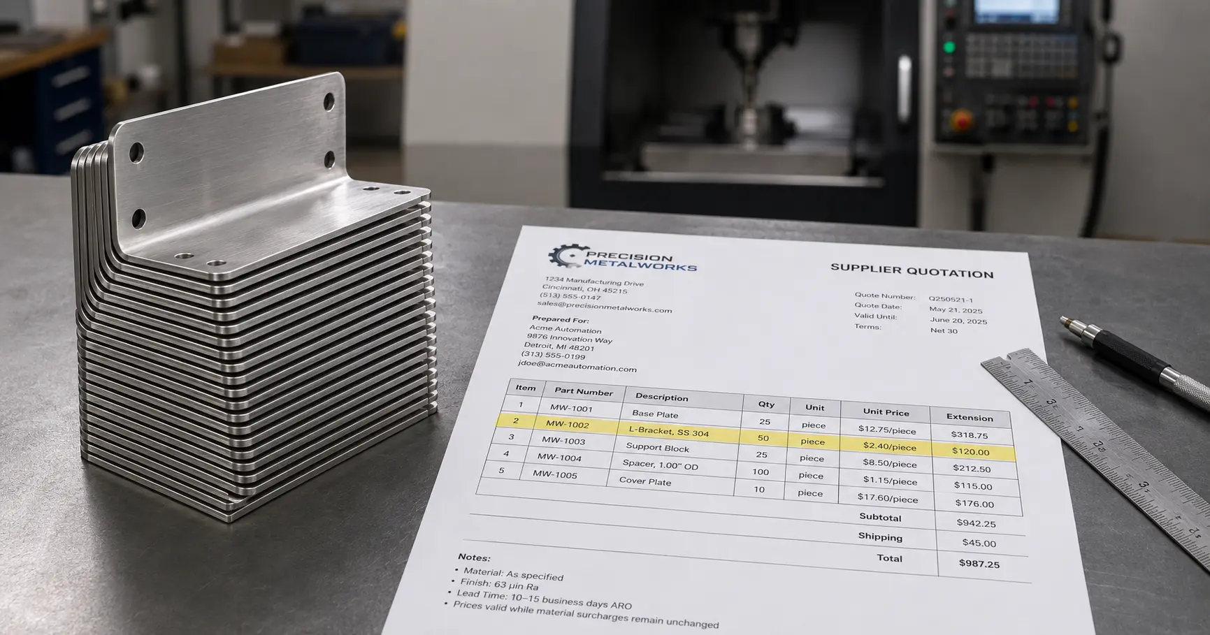 Close-up of sheet metal brackets on a factory workbench with a printed supplier quote showing per-unit pricing