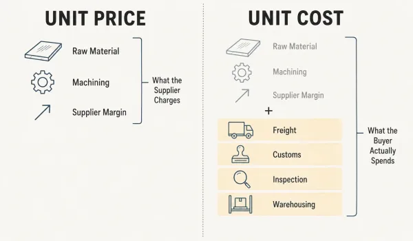 Infographic comparing unit price charged by supplier versus total unit cost borne by buyer with icons for shipping, duties, inspection, and warehousing