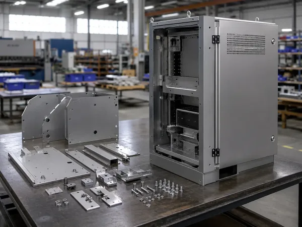 Metal assembly of fabricated sheet metal parts and enclosure components
