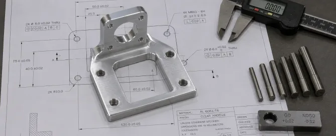 A machined metal part sitting on an engineering drawing with tolerance callouts and inspection gauges beside it