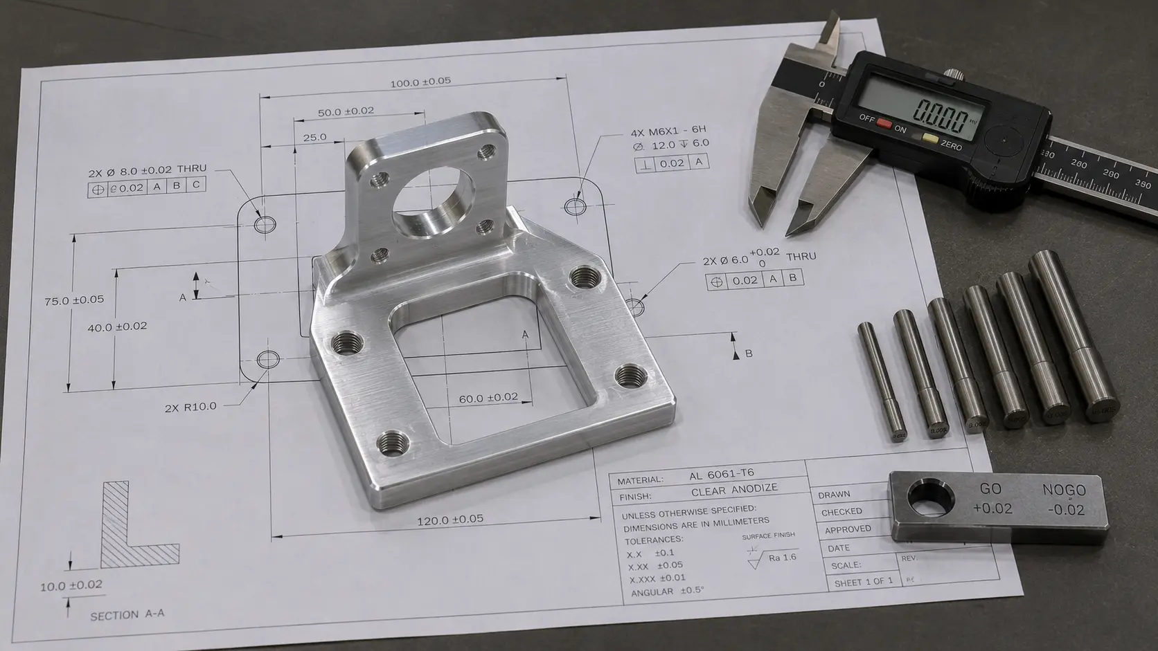 A machined metal part sitting on an engineering drawing with tolerance callouts and inspection gauges beside it