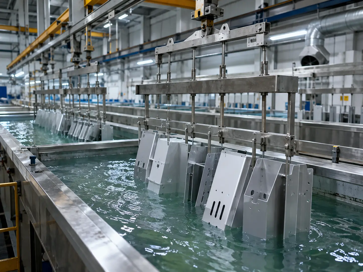 Aluminum parts immersed in an anodizing bath