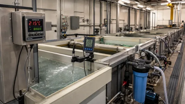 Anodizing production line tanks with monitoring instruments showing bath temperature, pH levels, and filtration systems