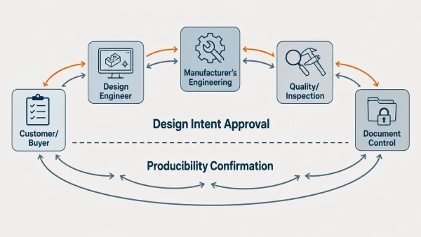 Diagram showing the five roles involved in sheet metal drawing approval and their responsibilities