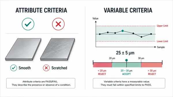 Infographic comparing attribute criteria pass/fail inspection with variable criteria measured data inspection