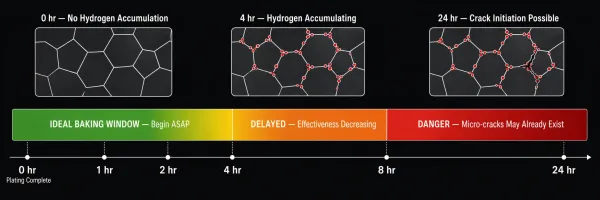 Timeline diagram showing the critical window between plating completion and baking, with risk of irreversible damage increasing over time