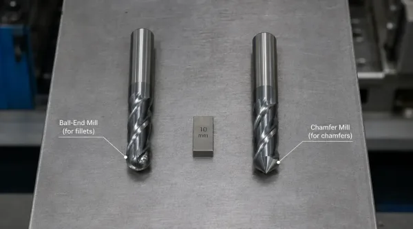 Overhead comparison photograph of a ball-end mill and a chamfer mill used for machining fillets and chamfers respectively