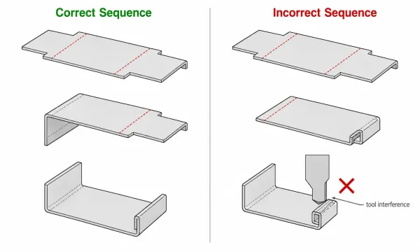 Technical comparison diagram showing correct versus incorrect bending sequences for a multi-flange sheet metal bracket