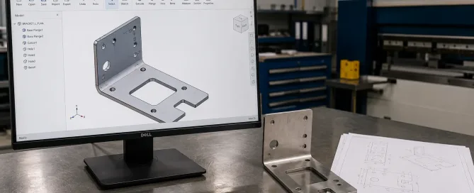 CAD file formats displayed on a monitor next to a laser-cut sheet metal bracket on a workbench