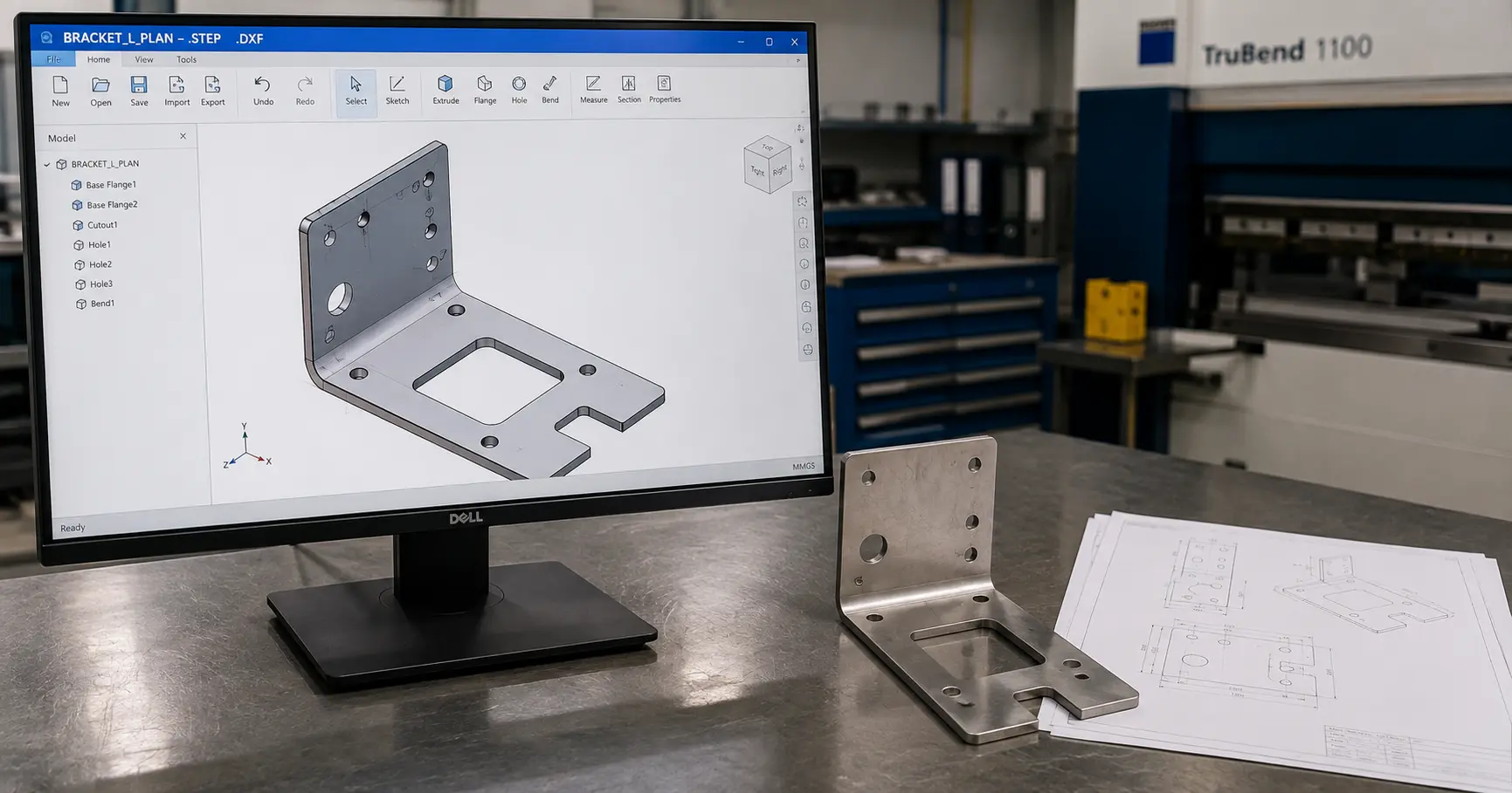 CAD file formats displayed on a monitor next to a laser-cut sheet metal bracket on a workbench